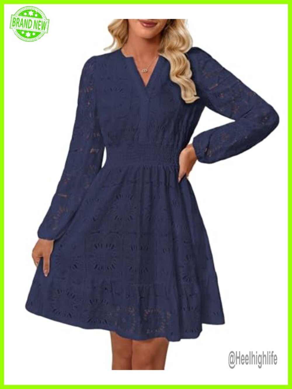 Women Long Puff Sleeve Eyelet Lace Mini Dress V Neck A Line Swing